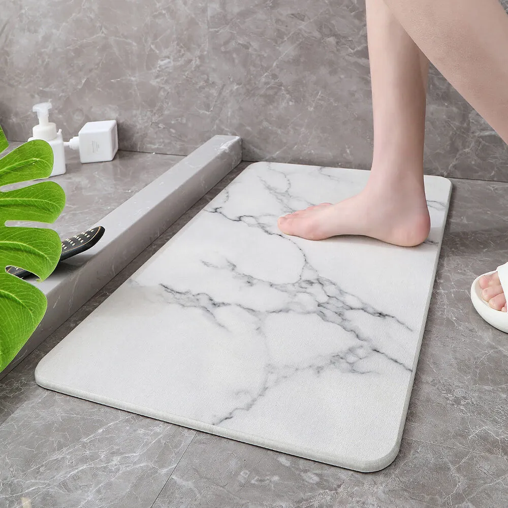 Hard Diatomite Bath Mat Super Dry Anti-Slip - White Marble Finish